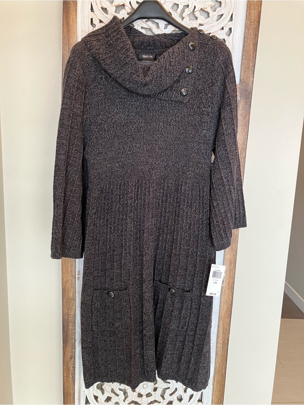 Cozy Button-Shoulder Knit Sweater Dress in Dark Charcoal